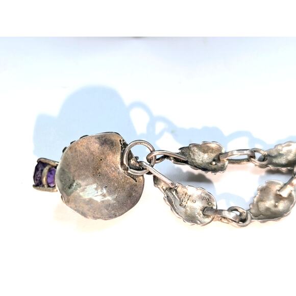 Vintage 925 Sterling Silver Purple Gemstone Leaf Flower Design 20" Necklace - Picture 11 of 15
